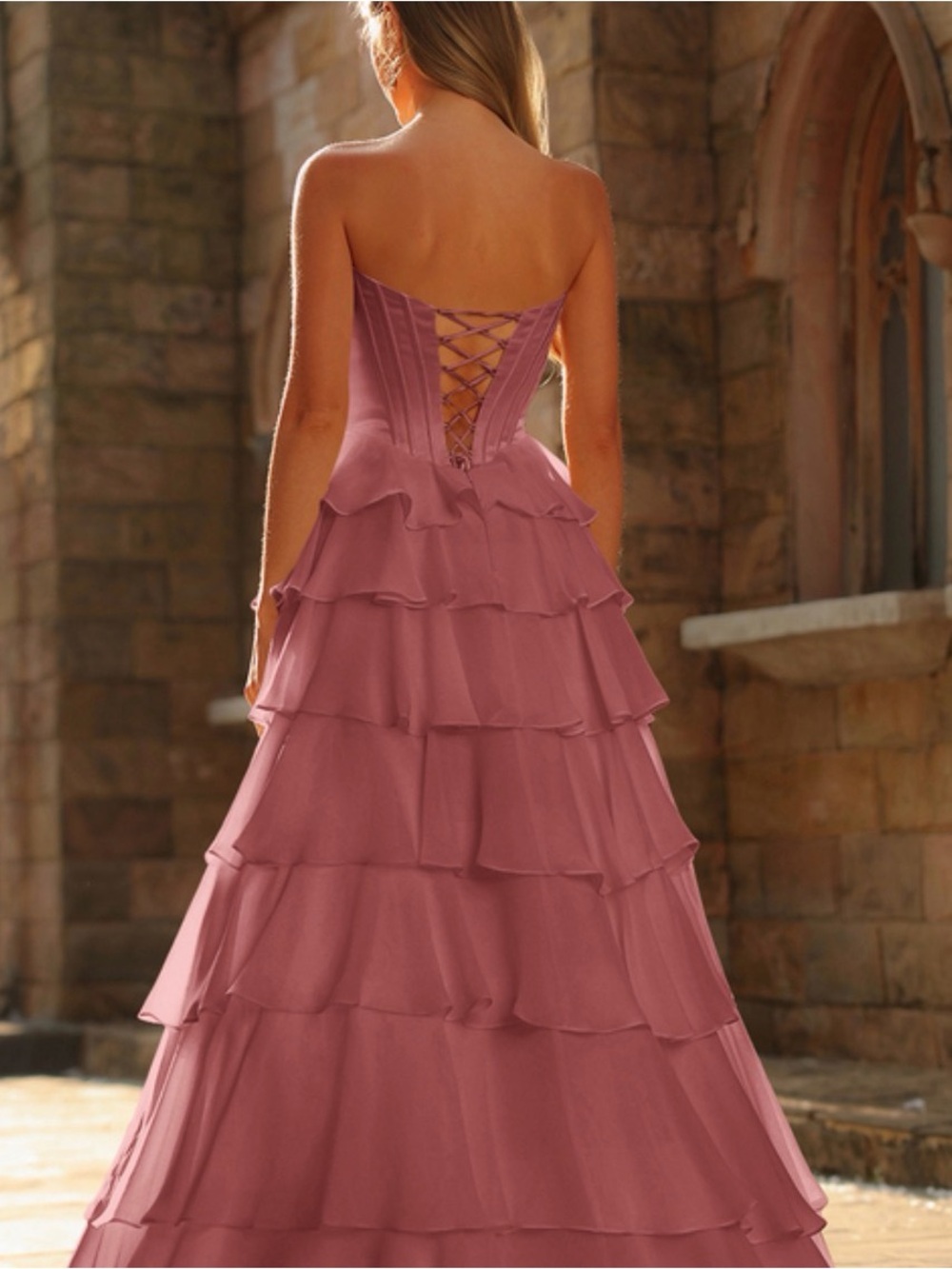 Dusty Rose Strapless Lace-Up Tiered Ruffle Gown